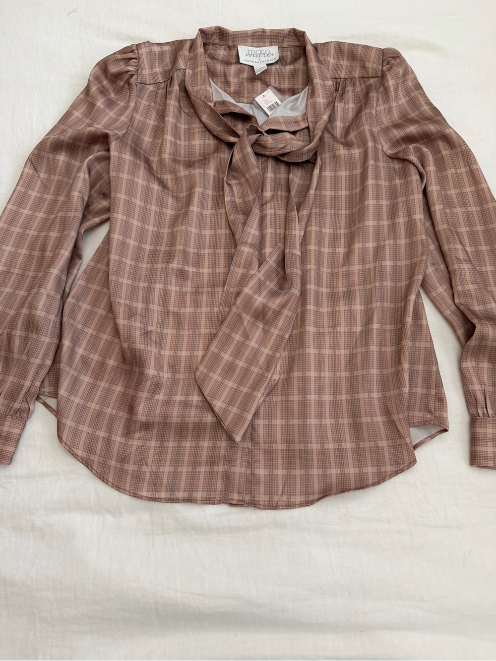 Anthropologie Dusty Rose/Beige and Brown Plaid Tie-Neck Button Down Top